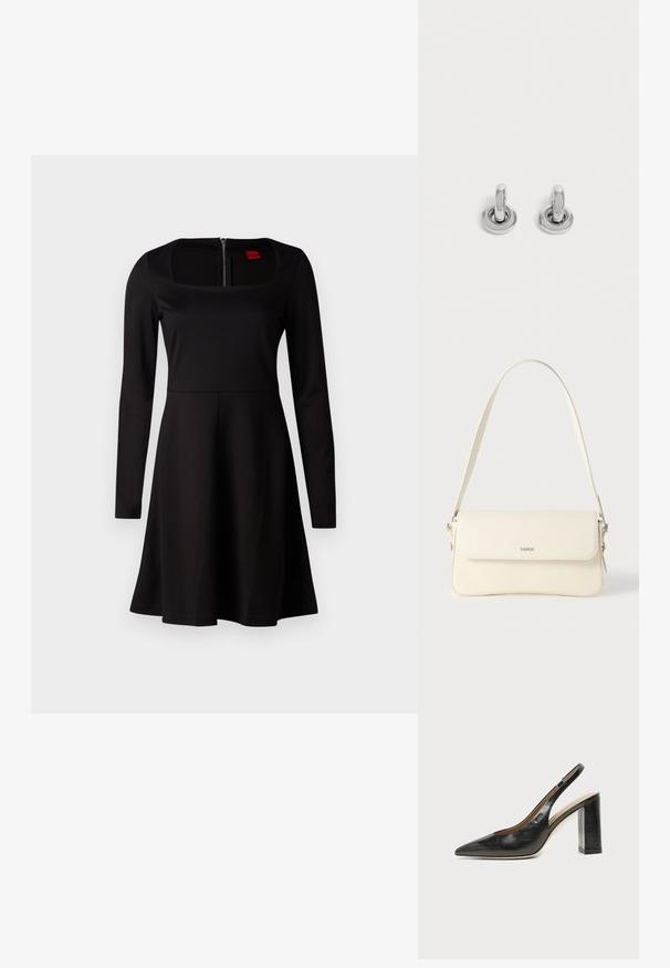 Vestido negro de manga larga con escote cuadrado, corsé ajustado, falda acampanada y cierre de cremallera en la espalda. Textura de tela suave sin patrones.; Zapato slingback de piel negra con puntera puntiaguda, tacón alto y ancho, y forro interior beige sobre un fondo claro y liso.; Bolso de hombro de cuero color crema con cierre de solapa, herrajes plateados, una sola correa ajustable y detalles sutiles con el logo.; Par de pequeños pendientes de aro plateados brillantes con base redonda, exhibidos sobre un fondo claro y liso.