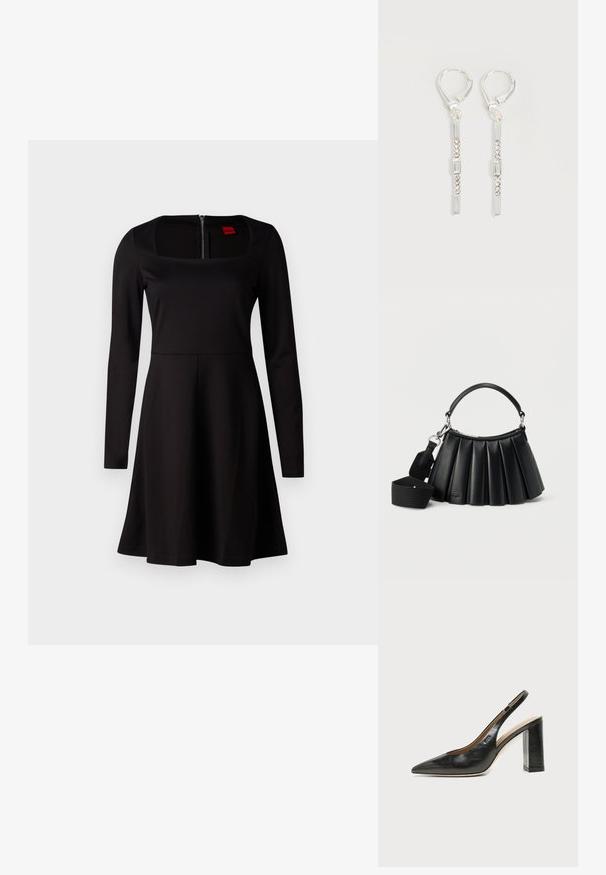 Vestido negro de manga larga con escote cuadrado, corsé ajustado, falda acampanada y cierre de cremallera en la espalda. Textura de tela suave sin patrones.; Zapato slingback de piel negra con puntera puntiaguda, tacón alto y ancho, y forro interior beige sobre un fondo claro y liso.; Bolso negro de cuero plisado con asa corta y correa de hombro ancha de tela desmontable sobre fondo blanco.; Pendientes colgantes de plata con cristales transparentes rectangulares y redondos en una línea vertical, asegurados con cierres tipo leverback.