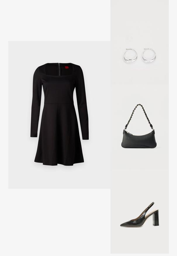 Sort langærmet kjole med firkantet halsudskæring, tætsiddende liv, svajet nederdel og lynlås i ryggen. Glat stofstruktur uden mønstre.; Sort læder peep-toe slingback sko med høj blokhæl og beige indvendig foring mod en ensfarvet lys baggrund.; Sort skuldertaske i læder med en buet rektangulær form, gyldent kæde vævet ind i en flettet sort rem og toplynlås.; Sølv hoops øreringe med en poleret overflade og DKNY branding, præsenteret mod en simpel hvid baggrund.