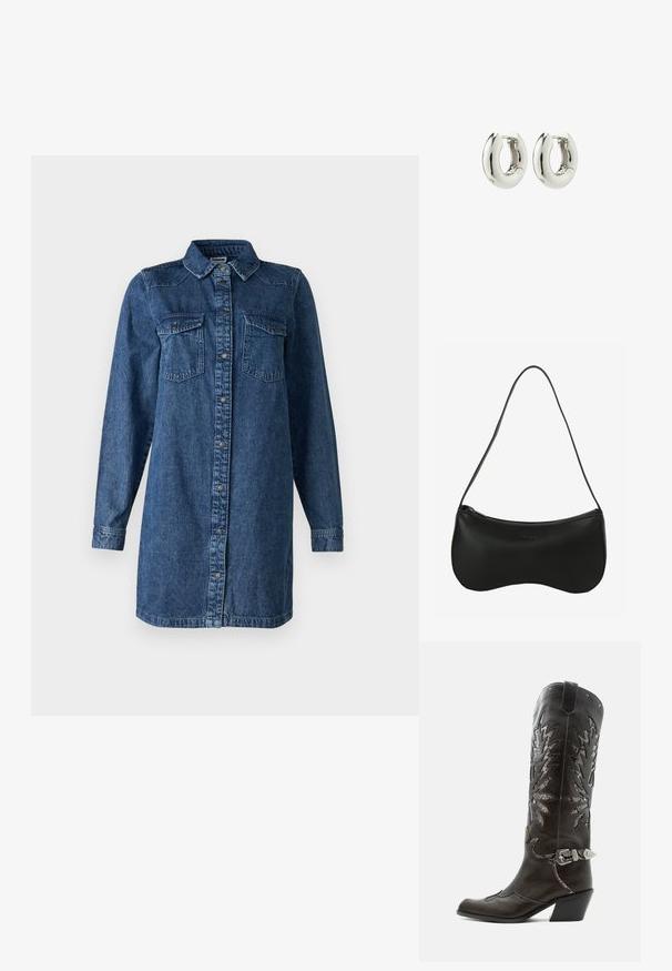 Denimhemdkleid in Dunkelblau. Mit langen Ärmeln, einer durchgehenden Knopfleiste, zwei Brusttaschen und einem klassischen Kragen. Lässige Passform.; Schwarzer Leder-Cowboystiefel mit dekorativen Ausschnitten, silberner Schnalle und schräger Ferse, auf weißem Hintergrund dargestellt.; Schwarze Leder-Schultertasche mit geschwungener Form, Reißverschluss und einem einzigen dünnen Riemen; glatte Textur und dezentes, eingeprägtes Logo-Detail.; Silberne Creolen mit einem glatten, runden Design und glänzender Oberfläche. Verfügt über einen einfachen Scharnierverschluss für ein leichtes Tragen.