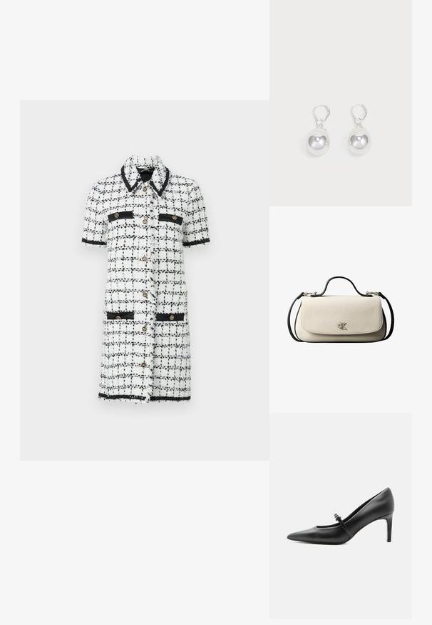 Weißes und schwarzes kariertes Kleid aus strukturiertem Stoff, mit kurzen Ärmeln, goldenen Knöpfen und schwarzen Akzenten an Taschen und Kragen.; Schwarzer Leder-Pumps mit spitzer Zehenpartie, dünnem Riemen und Schnalle über dem Spann, stehend auf hellem neutralem Hintergrund.; Cremefarbene, rechteckige Handtasche mit schwarzem Riemen und Griff, vordere Klappe als Verschluss und kleinem silbernem "cK"-Logo in der Mitte vorne.; Silberne Tropfenohrringe mit glatten, runden, reflektierenden Oberflächen, die an Hakenverschlüssen hängen. Der Hintergrund ist reinweiß.
