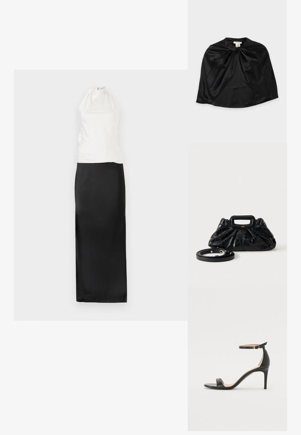 Robe dos nu avec un haut blanc ajusté et une jupe longue en satin noir fluide. Texture lisse, design minimaliste et silhouette longue jusqu'au sol.; Sandale à talons hauts en cuir noir avec une lanière de cheville. Présente une texture lisse, un bout ouvert et un talon fin. Détail de boucle en ton doré.; Cape en satin noir avec un détail de nœud torsadé au niveau de l'encolure, texture lisse, et étiquette visible à l'intérieur du col.; Petit sac à main en cuir noir avec texture froncée, poignée rectangulaire et fine bandoulière amovible placée à côté.