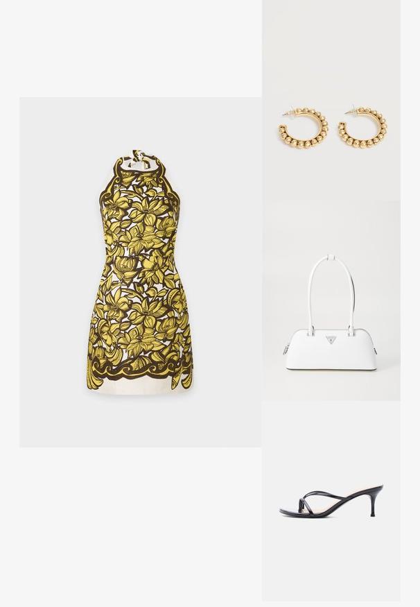 Robe sans manches à col halter avec motif floral jaune et contours noirs sur fond blanc, longueur genou avec détail d'ourlet arrondi.; Sandale à talon en cuir verni noir avec fines lanières croisées et talon aiguille moyen et élancé sur fond blanc.; Sac à main en cuir blanc avec une forme courbée, présentant un logo triangulaire argenté et une fermeture à glissière. Texture lisse et doubles poignées.; Paire de boucles d’oreilles créoles dorées avec des détails de perles arrondies le long du bord extérieur sur un fond clair.