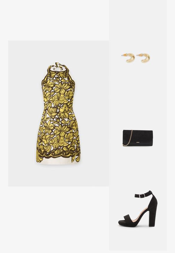 Robe sans manches à col halter avec motif floral jaune et contours noirs sur fond blanc, longueur genou avec détail d'ourlet arrondi.; Anna Field by Zalando Sandales - black; Porte-monnaie noir en daim avec une finition texturée, doté d'une chaîne dorée et d'un design épuré et angulaire.; Boucles d'oreilles en forme de croissant en or avec une finition lisse, présentant des accents orange près du clou et un matériel en argent.