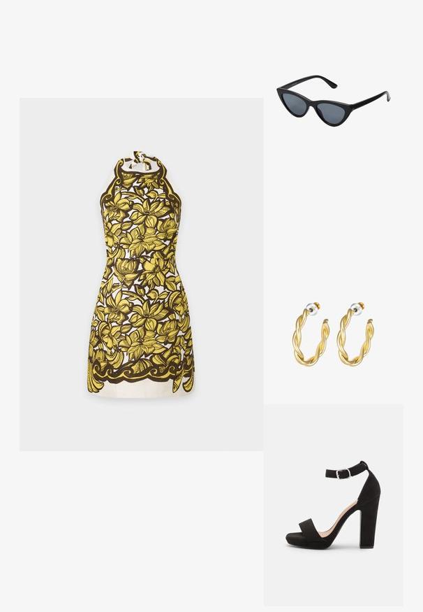 Robe sans manches à col halter avec motif floral jaune et contours noirs sur fond blanc, longueur genou avec détail d'ourlet arrondi.; Anna Field Sandales - black; Lunettes de soleil noires en forme d'œil de chat avec des verres gris foncé, monture en plastique élégante, coins pointus et branches droites. Pas de métal visible ni d'accents.; Boucles d'oreilles créoles dorées torsadées avec une surface lisse, présentant un dos transparent et une quincaillerie dorée.