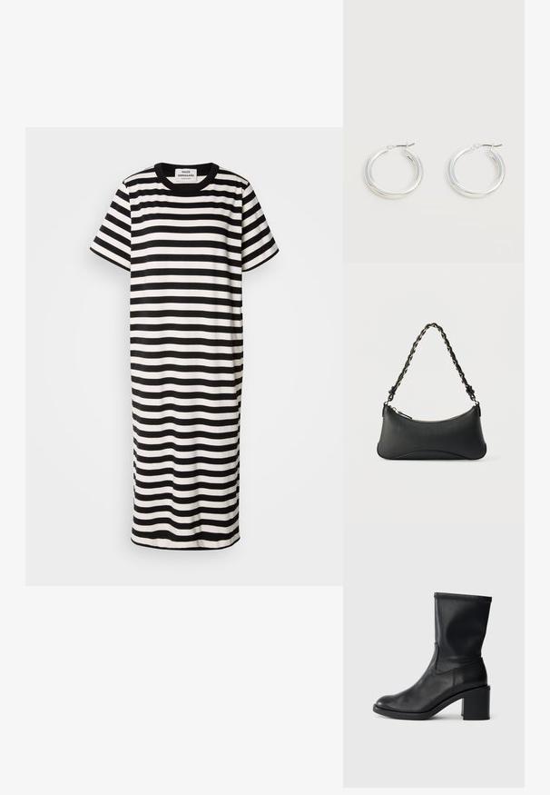 Vestido de camiseta a rayas en blanco y negro, de manga corta, con escote redondo, a la altura de la rodilla, hecho de tela suave con un ajuste relajado.; Botín negro de cuero hasta el tobillo con punta redonda, textura suave y tacón grueso, que presenta un eje ajustado y un sutil detalle de costura.; Bolso de hombro de cuero negro con forma rectangular curvada, cadena dorada entrelazada en una correa negra trenzada y cierre superior con cremallera.; Par de pendientes de aro plateados brillantes de tamaño mediano con cierres metálicos finos sobre un fondo neutro claro.