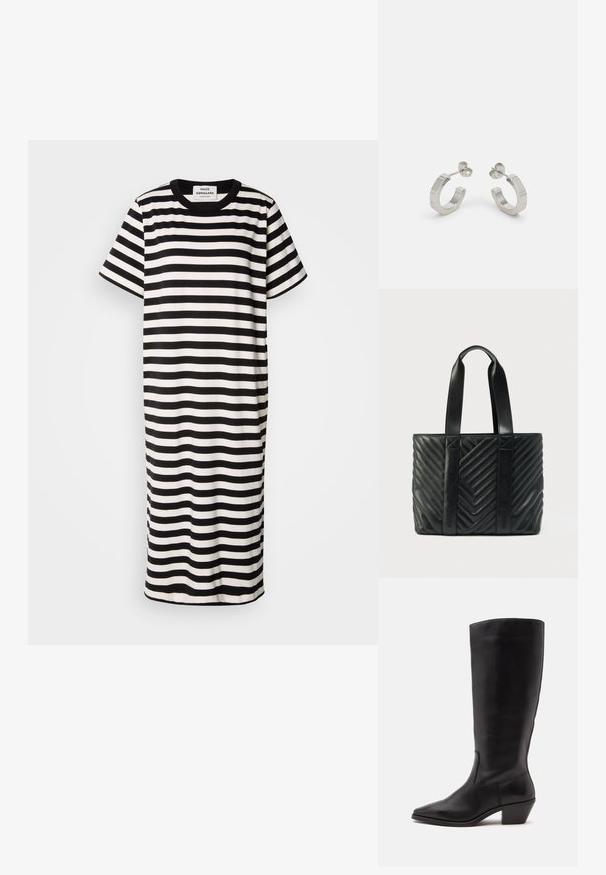 Vestido de camiseta a rayas en blanco y negro, de manga corta, con escote redondo, a la altura de la rodilla, hecho de tela suave con un ajuste relajado.; Bota de cuero negra hasta la mitad de la pantorrilla con puntera puntiaguda y tacón bajo inclinado sobre un fondo claro y liso.; Bolso tote negro acolchado con un patrón en chevron, con asas planas y marca en relieve en los laterales. Fabricado en cuero liso.; Pendientes aros de metal plateado con un diseño texturizado, que cuentan con un pequeño respaldo de clip y una marca en uno de los aros. Forma redondeada con un acabado pulido.