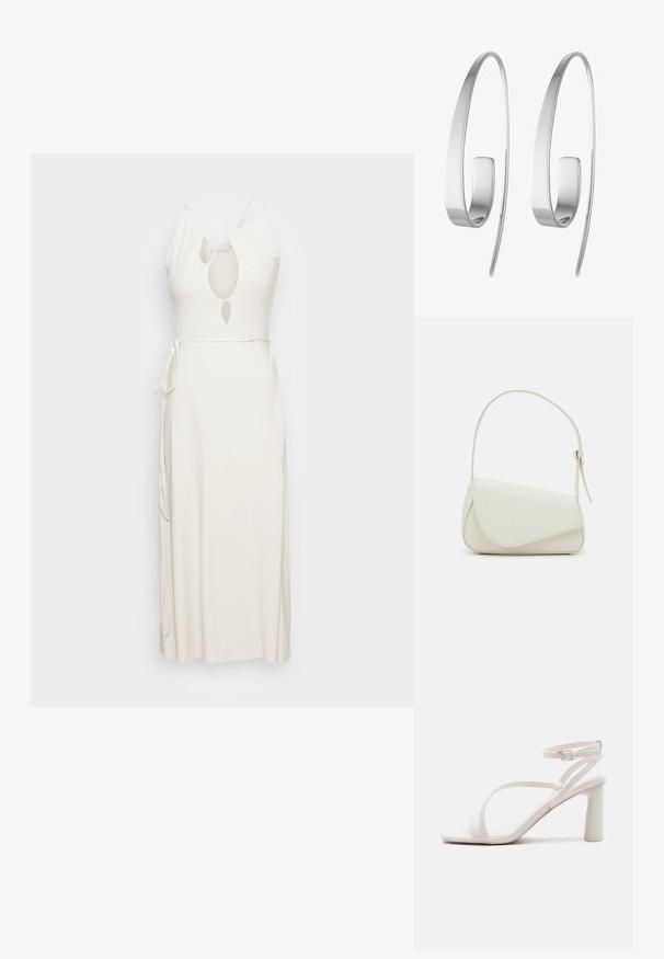 Weekday ARYA DRESS - Robe longue - beige; Sandales à talons hauts blanches à lanières avec un bout carré, une sangle de cheville réglable et un talon épais. Texture lisse semblable à du cuir.; Sac à main en cuir synthétique blanc avec une forme triangulaire structurée, une bandoulière unique réglable et un rabat à courbes accentuées.; Boucles d'oreilles en argent avec un design allongé et épuré. Fabriquées en métal poli, présentant une texture lisse et un style minimaliste.