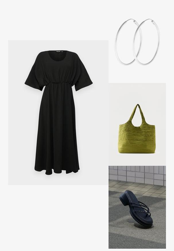 Vestido negro de longitud a la rodilla con mangas cortas y anchas, cintura fruncida y tejido ligero. Presenta una textura suave y un escote redondo simple.; Sandalia de plataforma negra con tres tiras delgadas y hebillas plateadas flotando sobre asfalto cerca de una pared de azulejos.; Bolsa tote verde con tela texturizada y arrugada y asas anchas, mostrada sobre un fondo claro y liso.; Pendientes de aro en tono plateado con forma redonda y un acabado pulido. Ambos pendientes son del mismo tamaño y cuentan con un mecanismo de cierre seguro.