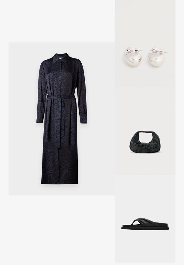 Robe en imprimé léopard bleu foncé et noir, avec un col, des manches longues, une fermeture à boutons et une ceinture en tissu assortie à la taille.; Sandale plate noire avec bride croisée rembourrée et entre-doigt, design minimaliste sur fond gris clair uni.; Sac hobo tissé noir avec une structure souple et une poignée intégrée, présenté sur un fond clair uni.; Paire de boucles d'oreilles argentées brillantes et épaisses avec fermoirs à tige, sur fond blanc uni.