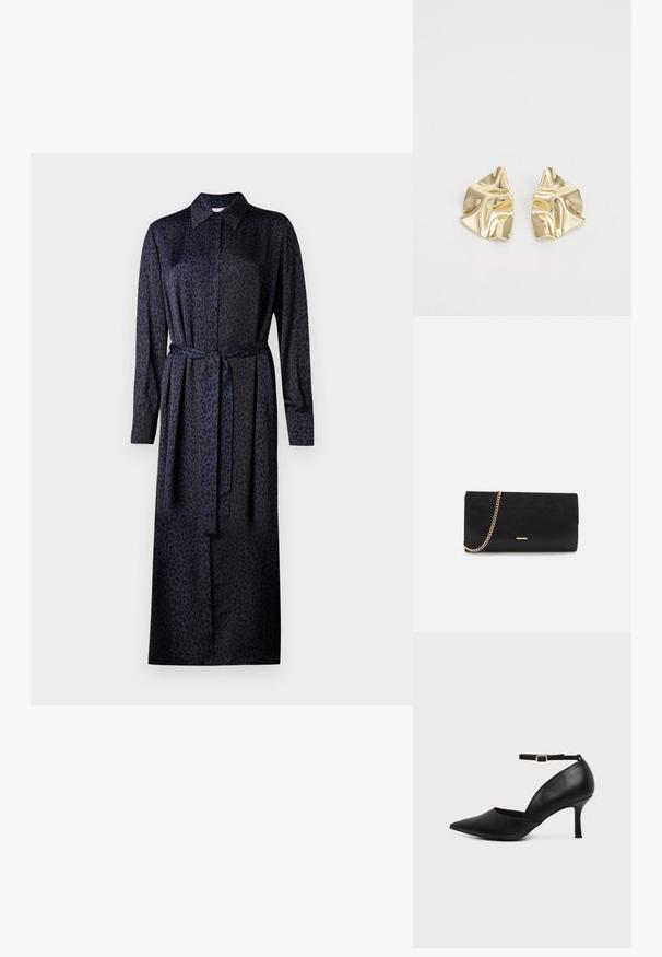 Robe en imprimé léopard bleu foncé et noir, avec un col, des manches longues, une fermeture à boutons et une ceinture en tissu assortie à la taille.; Chaussure en cuir noir à bout pointu avec talon kitten, bride à la cheville et boucle dorée sur fond neutre.; Porte-monnaie noir en daim avec une finition texturée, doté d'une chaîne dorée et d'un design épuré et angulaire.; Boucles d'oreilles en métal doré avec un design ondulé ; surface lisse et réfléchissante ; forme asymétrique ; sans motifs ni éléments visibles.