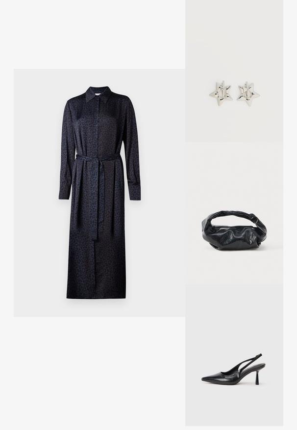 Vestido de estampado de leopardo en azul oscuro y negro, con cuello, mangas largas, cierre de botones y un cinturón de tela a juego en la cintura.; Zapato de tacón alto negro de cuero con puntera afilada y tacón delgado sobre un fondo blanco.; Bolso negro hecho de un material brillante y texturizado con un asa circular retorcida y un cierre de cremallera. Presenta un diseño suave y arrugado.; Pendientes de aro plateados en forma de estrella con un acabado liso y pulido sobre un fondo blanco liso.