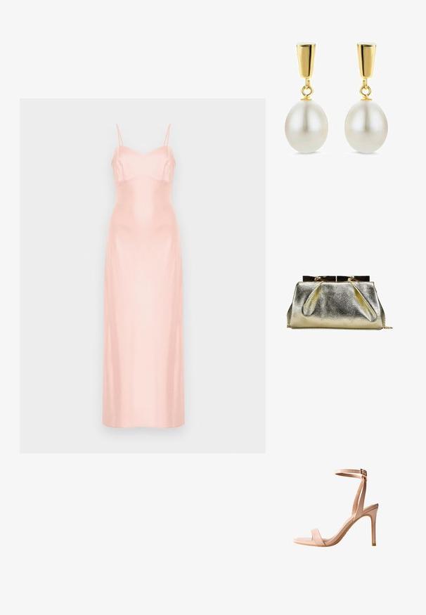 Vestido largo de satén rosa pálido con finos tirantes de espagueti y corpiño ajustado, mostrado sobre un fondo blanco liso.; Sandalia de tacón alto en rosa empolvado con un diseño elegante, punta abierta, delgada correa en el tobillo y un acabado suave y brillante. Presenta un esbelto tacón de aguja.; Bolso de mano con textura dorada, cierre metálico de marco y cadena delicada, sobre fondo blanco.; Pendientes de gota de oro con grandes perlas ovaladas blancas colgando de un tachón de oro rectangular pulido.