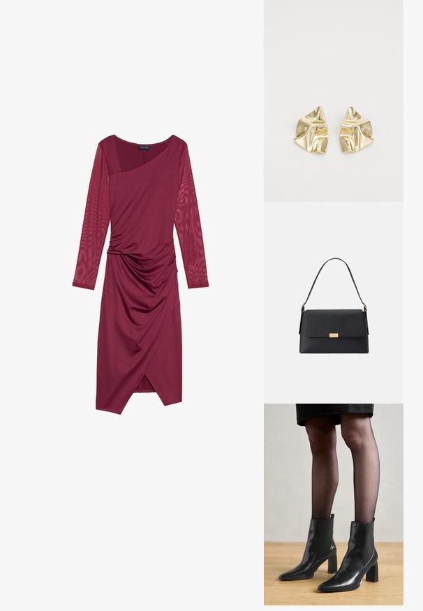 Vestido burdeos con mangas largas y transparentes, escote asimétrico, cuerpo drapeado y detalles fruncidos en la cintura, con un dobladillo hasta la rodilla.; Botines de cuero negro hasta el tobillo con punta afilada, tacón cuadrado grueso y diseño elegante. Presentan paneles laterales elásticos para facilitar el uso.; Bolso de mano negro hecho de un material texturizado con una forma estructurada. Presenta un cierre de solapa, un acento en tono dorado y un asa sencilla.; Pendientes metálicos dorados con un diseño ondulado; superficie lisa y reflectante; forma asimétrica; sin patrones o elementos visibles.