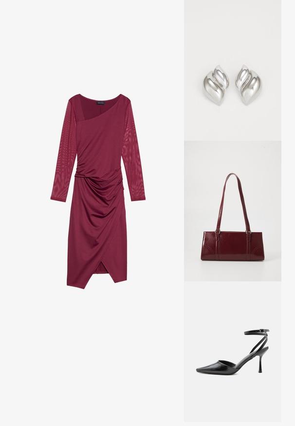 Vestido burdeos con mangas largas y transparentes, escote asimétrico, cuerpo drapeado y detalles fruncidos en la cintura, con un dobladillo hasta la rodilla.; Zapato de tacón alto negro de punta fina con delgadas correas en el tobillo y cierre de hebilla plateada sobre un fondo liso claro.; Bolso burdeos hecho de material brillante, de forma rectangular, con dos asas para el hombro y sutiles acentos curvados en la parte frontal.; Pendientes de plata con una forma orgánica y abstracta. Superficie lisa y brillante con un diseño cónico. Presentan suaves curvas y un detalle de línea central.
