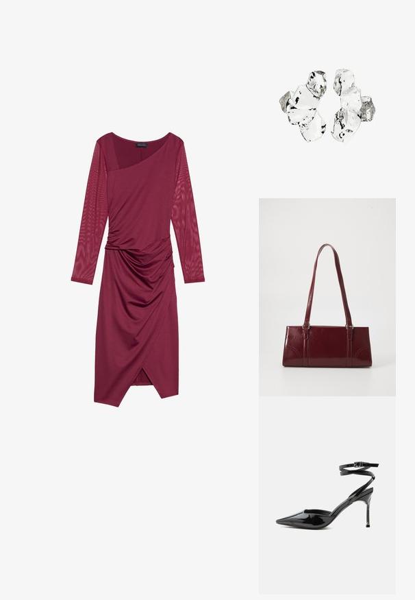 Vestido burdeos con mangas largas y transparentes, escote asimétrico, cuerpo drapeado y detalles fruncidos en la cintura, con un dobladillo hasta la rodilla.; Tacón stiletto de charol negro con punta puntiaguda, tiras finas en el tobillo y cierre pequeño de hebilla.; Bolso burdeos hecho de material brillante, de forma rectangular, con dos asas para el hombro y sutiles acentos curvados en la parte frontal.; Conjunto de seis piezas de forma irregular, translúcidas y reflectantes, similares al vidrio, dispuestas sobre un fondo blanco.