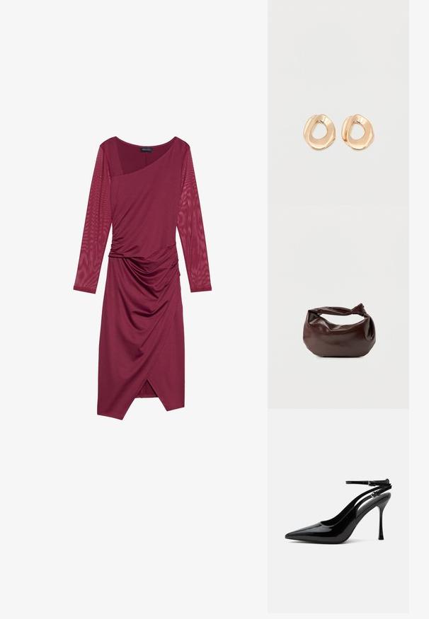 Vestido burdeos con mangas largas y transparentes, escote asimétrico, cuerpo drapeado y detalles fruncidos en la cintura, con un dobladillo hasta la rodilla.; Zapato destalonado de piel de charol negra con tacón alto, punta puntiaguda y doble tirante en el tobillo con hebillas plateadas.; Bolso de hombro de cuero marrón oscuro con una forma suave y caída, y un asa con nudo torcido sobre un fondo blanco liso.; Par de pendientes de aro de metal en tono dorado pulido, de forma irregular y con centro abierto, sobre un fondo blanco liso.