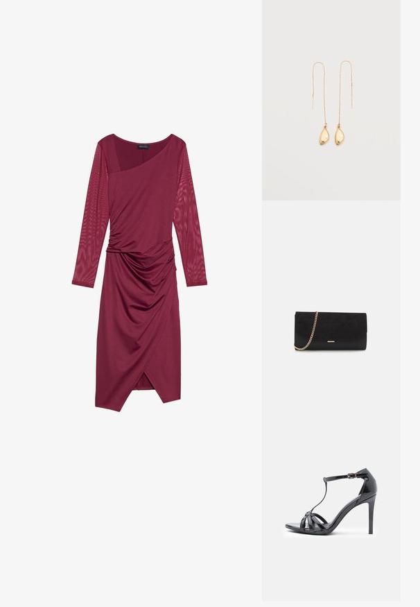 Vestido burdeos con mangas largas y transparentes, escote asimétrico, cuerpo drapeado y detalles fruncidos en la cintura, con un dobladillo hasta la rodilla.; Sandalia de tacón alto de charol negro con correas finas, diseño en forma de T, cierre de hebilla y una silueta curva y elegante.; Bolso de mano negro hecho de ante con un acabado texturizado, que presenta una cadena dorada y un diseño elegante y angular.; Pendientes delicados de hilo de oro con cadenas finas y pequeños colgantes de oro lisos e irregularmente formados colgando en los extremos.