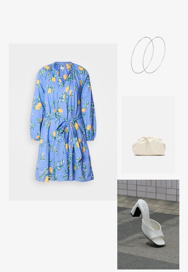Robe bleue avec un motif de citron et de feuilles, à manches longues, avec un col froncé et une ceinture à la taille. Fabriquée en tissu léger avec une jupe évasée.; Une mule blanche à bout ouvert avec talon bloc posée sur un bitume gris devant un mur carrelé.; Pochette en cuir souple couleur crème avec un design froncé et une fine bandoulière reposant à l’avant sur un fond uni.; Boucles d'oreilles en argent au design minimaliste. Forme circulaire, texture lisse et profil fin. Légères avec une finition polie.