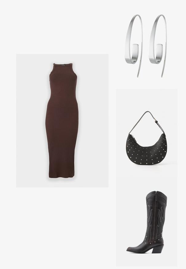 Robe midi sans manches, côtelée, marron foncé avec un col montant et une silhouette ajustée sur un fond clair uni.; Bottes de cowboy en cuir marron avec surpiqûres en forme de flammes, fermeture éclair latérale, clous argentés, bout pointu et talon superposé.; Sac à main en cuir noir avec une forme arrondie, orné de clous en argent, doté d'une fermeture éclair et d'une seule sangle ajustable.; Boucles d'oreilles en argent avec un design allongé et épuré. Fabriquées en métal poli, présentant une texture lisse et un style minimaliste.