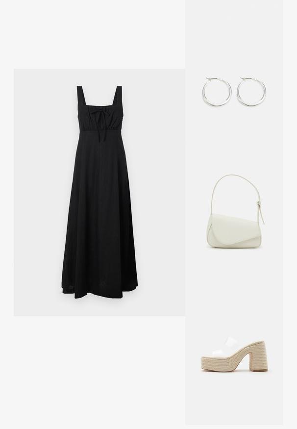 Robe maxi noire en tissu léger, avec un décolleté carré, un lien ajustable au niveau de la poitrine et une jupe fluide.; Sandale plateforme avec talon et semelle beige tressés épais, dotée de deux larges brides blanches translucides sur le pied.; Sac à main en cuir synthétique blanc avec une forme triangulaire structurée, une bandoulière unique réglable et un rabat à courbes accentuées.; Les boucles d'oreilles en argent en forme de créole présentent un design lisse et arrondi avec un profil fin et un fermoir sécurisé. Style minimaliste avec une finition polie.