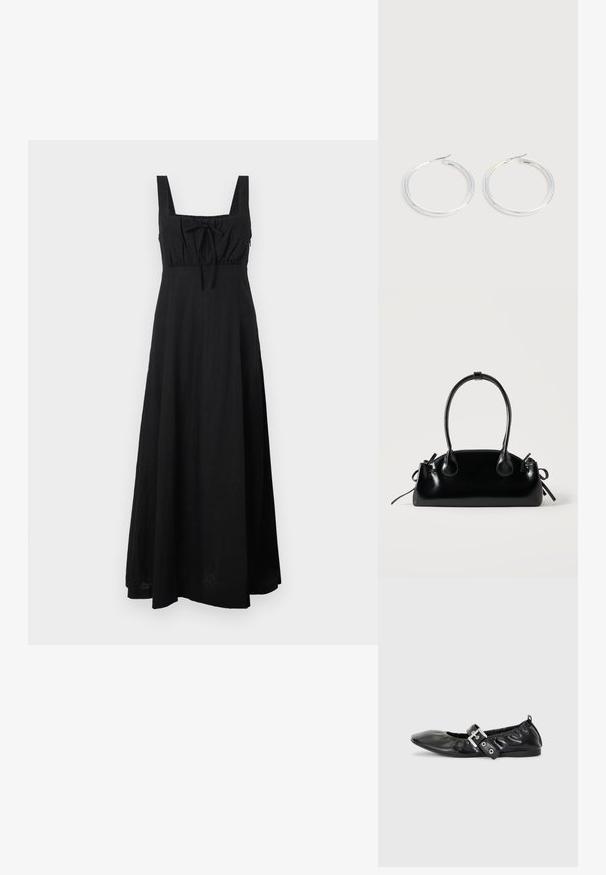 Robe maxi noire en tissu léger, avec un décolleté carré, un lien ajustable au niveau de la poitrine et une jupe fluide.; Chaussure plate en cuir noir avec un nez pointu, des détails froncés autour de l'ouverture et un accent en boucle argentée sur la bride ajustable.; Petit sac à main noir brillant avec deux longues anses et des détails à cordon sur les côtés sur un fond clair uni.; Paire de boucles d'oreilles créoles argentées brillantes avec fermoirs en fil fin, présentée sur un fond gris clair.