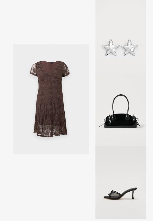 Robe courte en dentelle marron avec manches courtes, décolleté en V et motif floral, avec un détail de ourlet superposé.; Mule noir à talons avec un dessus en mesh, des fines brides et un nœud décoratif. Équipé d'un talon fin et pointu ainsi que d'une semelle intérieure texturée.; Petit sac à main noir brillant avec deux longues anses et des détails à cordon sur les côtés sur un fond clair uni.; Boucles d'oreilles argentées en forme d'étoile, avec une surface lisse et brillante. Chaque boucle d'oreille possède cinq pointes et des détails subtils de texture de surface.