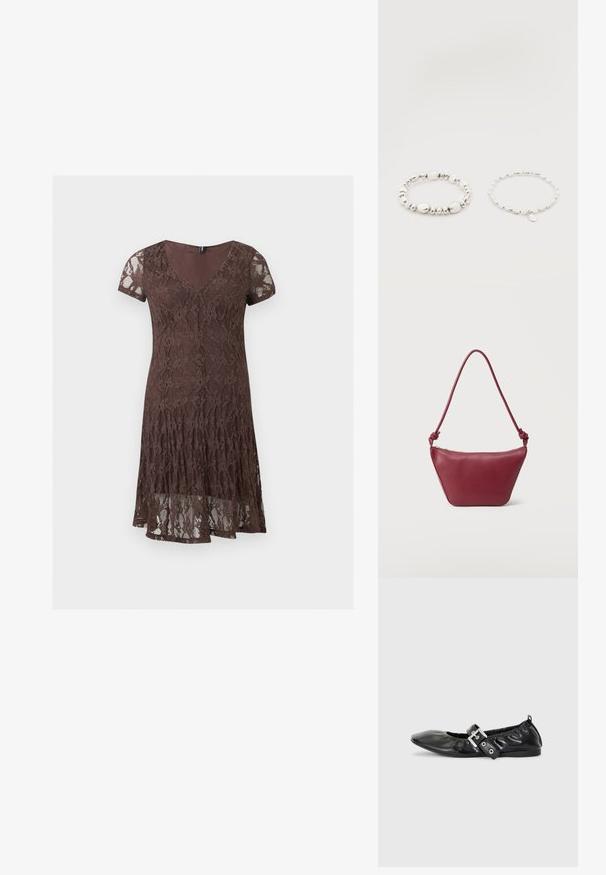 Robe courte en dentelle marron avec manches courtes, décolleté en V et motif floral, avec un détail de ourlet superposé.; Chaussure plate en cuir noir avec un nez pointu, des détails froncés autour de l'ouverture et un accent en boucle argentée sur la bride ajustable.; Petit sac à bandoulière en cuir marron foncé avec bandoulière nouée et fermeture éclair supérieure, sur un fond clair uni.; Deux bracelets de perles argentées sur fond blanc ; l'un avec des perles irrégulières et l'autre avec des perles uniformes et un petit charme en forme de goutte.