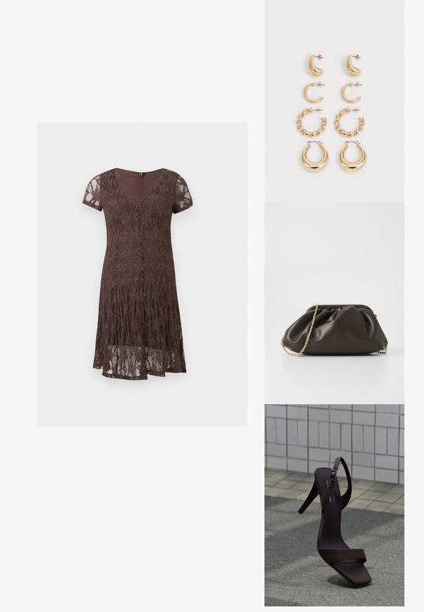 Robe courte en dentelle marron avec manches courtes, décolleté en V et motif floral, avec un détail de ourlet superposé.; Sandale noire à talon haut avec bride à la cheville et boucle, posée sur un trottoir gris devant un mur carrelé.; Sac à main en cuir marron avec un design froncé, une bandoulière en chaîne dorée et une finition douce et texturée. Sa forme compacte est idéale pour une utilisation en soirée.; Ensemble de cinq boucles d'oreilles en or, avec des designs variés : surfaces torsadées, striées et lisses en formes de créoles et de croissants.