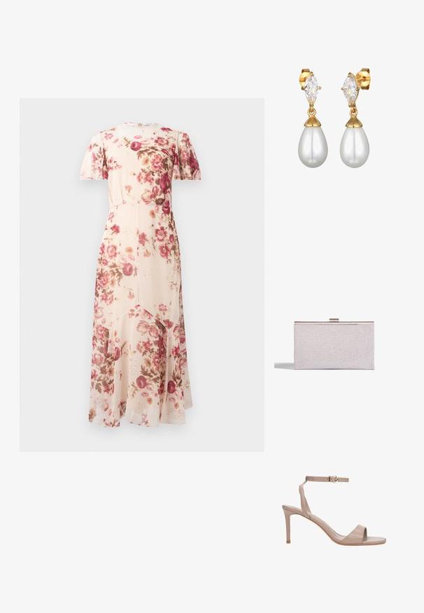 Robe midi crème à imprimé floral rose et marron, manches courtes, taille cintrée et ourlet asymétrique évasé.; Sandale beige à talon haut avec fine bride à la cheville, boucle dorée, bout ouvert et talon aiguilles fin sur fond blanc.; Pochette argentée scintillante avec une forme rectangulaire épurée, fermeture à clasp en métal et une texture lisse. Design minimaliste.; Des boucles d'oreilles dorées présentent un cristal transparent taillé en marquise surmontant une perle blanche en forme de goutte. Texture lisse avec des finitions polies.
