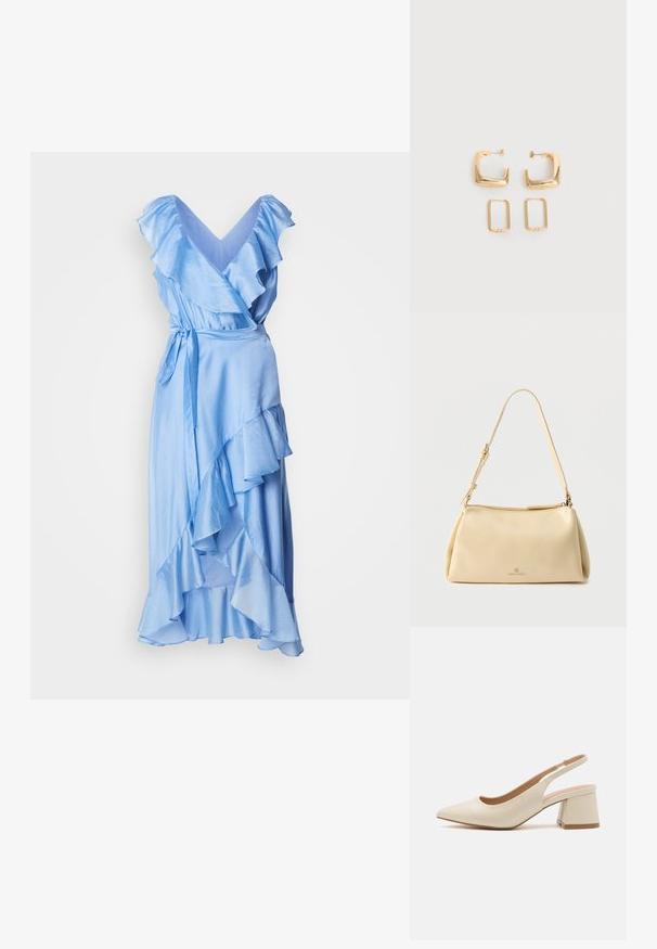 Vestido envolvente de color azul claro con mangas y dobladillo con volantes. Confeccionado en tela suave, cuenta con un cinturón ajustable en la cintura para un ajuste personalizable.; Zapato de tacón slingback de punta en piel beige clara con un bajo tacón cuadrado. Presenta un diseño recortado y una textura suave.; Bolso de hombro beige rectangular con correa ajustable y cierre de cremallera, con un pequeño logo "Anna Field" en el centro frontal.; Dos pares de pendientes de aro geométricos en tono dorado sobre una superficie blanca lisa, un par cuadrados y sólidos, un par rectangulares y huecos.