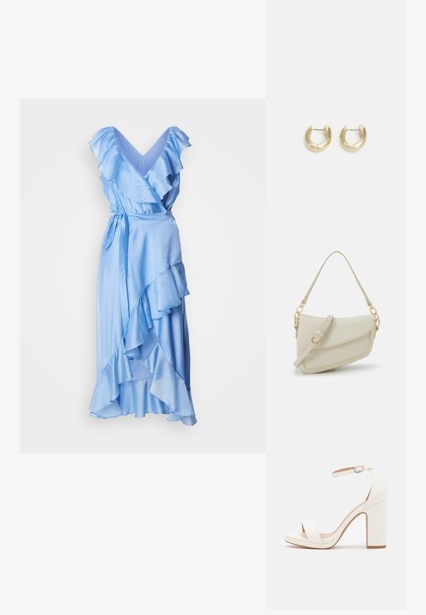 Vestido envolvente de color azul claro con mangas y dobladillo con volantes. Confeccionado en tela suave, cuenta con un cinturón ajustable en la cintura para un ajuste personalizable.; Sandalias de tacón alto blancas con correa en el tobillo, diseño minimalista, punta abierta, tacón cuadrado y textura de cuero suave.; Pequeño bolso de mano crema con un acabado texturizado, una correa larga y ajustable, un acento de cadena y cierre de solapa. Detalles en hardware dorado.; Pendientes de aro en tono dorado con un acabado suave y pulido. Presentan una forma de medio círculo y un cierre de poste seguro.