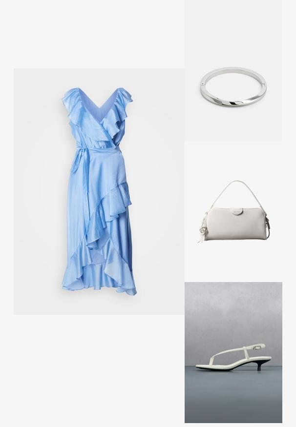 Vestido envolvente de color azul claro con mangas y dobladillo con volantes. Confeccionado en tela suave, cuenta con un cinturón ajustable en la cintura para un ajuste personalizable.; Sandalia blanca de tacón kitten con tiras y punta afilada, flotando sobre un suelo de baldosas de madera al aire libre, con un fondo desenfocado de plantas y pared.; Bolso rectangular blanco de Calvin Klein con un solo asa, diseño minimalista y borlas decorativas con un charm metálico geométrico en el lateral.; Pulsera de metal plateado con una superficie lisa y brillante y bordes planos. Presenta un diseño circular abierto con un sutil detalle de cierre.