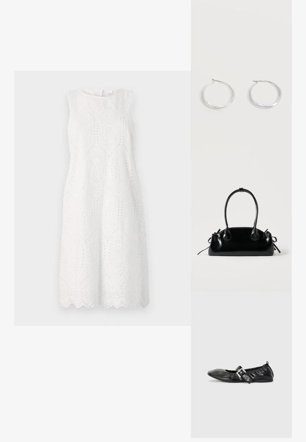 Weißes ärmelloses Kleid mit Lochstickerei und Wellenkante, rundem Ausschnitt und lockerer Silhouette.; Schwarze Leder-Ballerinas mit spitzem Zehenbereich, gerafften Details am Schaft und einem silbernen Schnallenakzent am verstellbaren Riemen.; Kleine schwarze glänzende Handtasche mit zwei langen Griffen und seitlichen Kordelzug-Details vor einfachem hellem Hintergrund.; Silberne Metallcreolen mit glatter, leicht gebogener Oberfläche und Klappverschluss vor schlicht weißem Hintergrund.