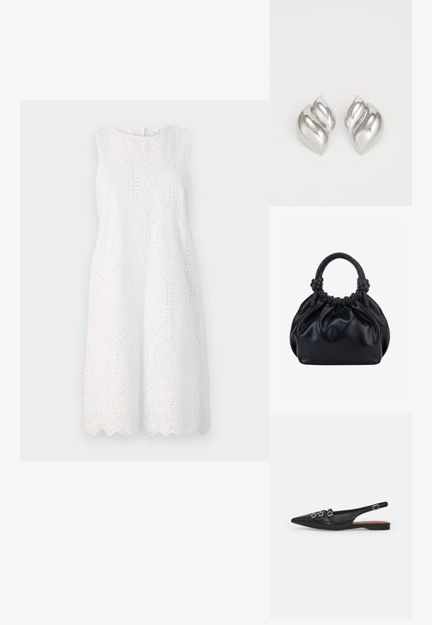 Weißes ärmelloses Kleid mit Lochstickerei und Wellenkante, rundem Ausschnitt und lockerer Silhouette.; Schwarze Leder-Slingback-Ballerina mit spitzem Zeh, ausgestattet mit zwei horizontalen Riemen und quadratischen silbernen Schnallen, mit flachem Absatz und glatter Oberfläche.; Schwarze weiche Lederhandtasche mit gerafftem oberen Teil und zwei dicken, zu Knoten gebundenen Griffen vor einem einfarbigen hellen Hintergrund.; Silberne Ohrringe mit einer organischen, abstrakten Form. Glatte, glänzende Oberfläche mit einem konischen Design. Mit dezenten Kurven und einem zentralen Linienelement.