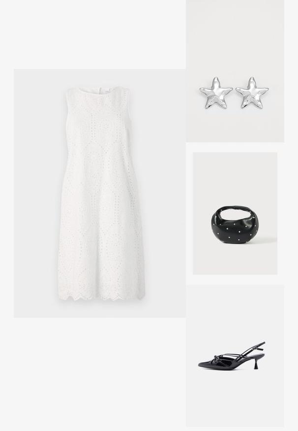 Witte mouwloze jurk met gaatjesborduurwerk, een gegolfde zoom, een ronde halslijn en een ontspannen silhouet.; Zwarte slingback pump van lakleer met een spits toelopende neus, lage kittenhak en decoratieve knoopstrik aan de voorkant.; Zwarte leren handtas met een afgeronde vorm, versierd met zilveren studs, en een korte handgreep. Gladde textuur en ritsluiting.; Zilveren stervormige oorbellen met een gepolijste, glanzende afwerking. Elke oorbel heeft vijf punten en subtiele textuurdetails op het oppervlak.