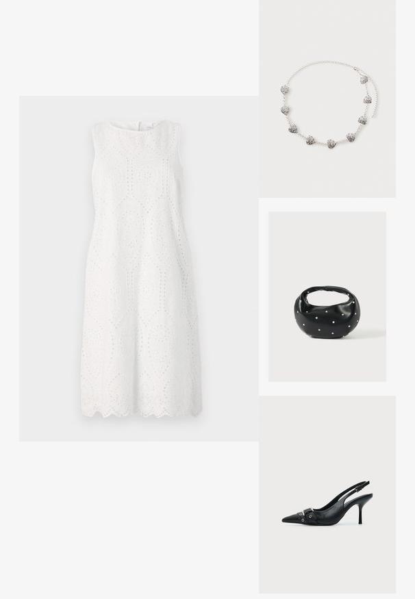 Weißes ärmelloses Kleid mit Lochstickerei und Wellenkante, rundem Ausschnitt und lockerer Silhouette.; Schwarzer Leder Slingback-Pumps mit spitzer Vorderkappe und einem Schnallen- und Ösenriemen vorne.; Schwarze Lederhandtasche mit abgerundeter Form, verziert mit silbernen Nietenakzenten und kurzem Griff. Glatte Struktur und Reißverschlussverschluss.; Silberne Halskette mit acht kleinen herzförmigen Anhängern mit filigranen Wirbelmustern, flach auf hellem Hintergrund ausgelegt.