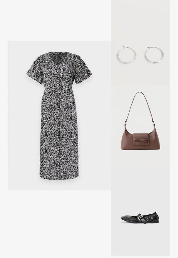 Vestido con estampado floral en blanco y negro, de manga corta, escote en V profundo, con botones en la parte delantera, hasta la rodilla, hecho de tela ligera, con un ajuste cómodo.; Zapato plano de piel negra con puntera afilada, detalle fruncido alrededor de la abertura y un acento de hebilla plateada en la correa ajustable.; Bolso bandolera de cuero marrón con un bolsillo frontal de solapa que presenta un detalle de moño cosido y una correa ajustable.; Pendientes de aro de metal plateado con superficie lisa y ligeramente curvada y cierre de tipo mosquetón sobre un fondo blanco liso.