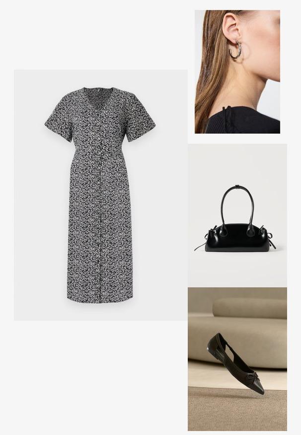 Vestido con estampado floral en blanco y negro, de manga corta, escote en V profundo, con botones en la parte delantera, hasta la rodilla, hecho de tela ligera, con un ajuste cómodo.; Zapato plano negro de punta puntiaguda con un pequeño detalle de lazo, mostrado sobre una alfombra beige y frente a un sofá beige.; Pequeño bolso negro brillante con dos asas largas y detalles de cordón lateral sobre un fondo claro liso.; Pendiente de aro de plata con un acabado pulido, que presenta pequeños detalles en dorado y una forma redonda, llevado en el lóbulo.