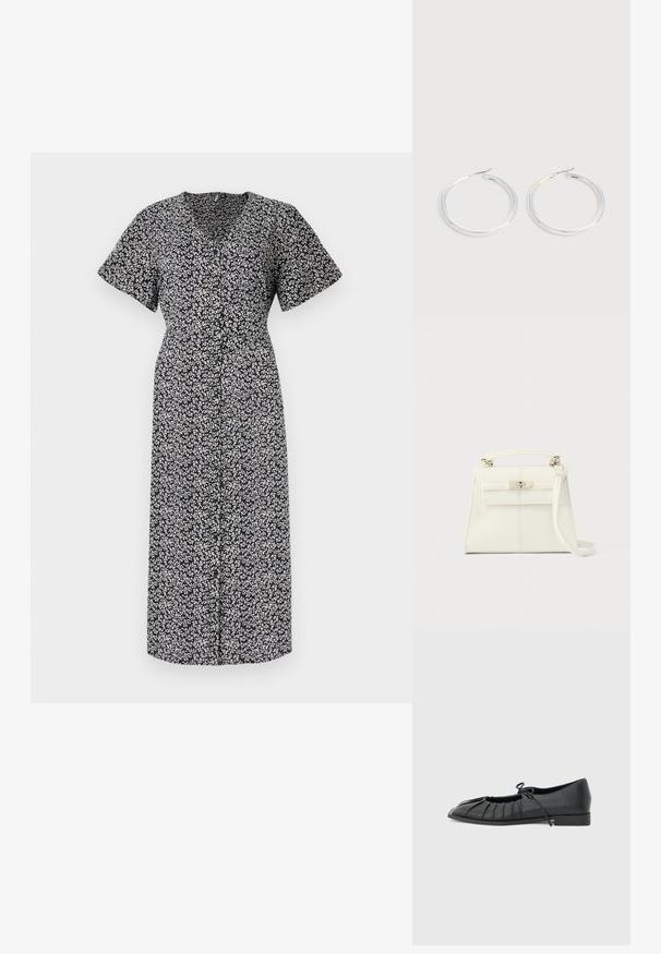 Vestido con estampado floral en blanco y negro, de manga corta, escote en V profundo, con botones en la parte delantera, hasta la rodilla, hecho de tela ligera, con un ajuste cómodo.; Zapato plano negro con diseño delantero plisado y un lazo atado en la parte superior, tacón bajo y textura lisa sobre un fondo gris claro.; Bolso de mano de piel blanca con forma estructurada, asa superior, correa de hombro desmontable y cierre con broche plateado. Textura suave, diseño minimalista.; Pareja de pendientes de aro plateados brillantes con cierres de alambre delgado, mostrados sobre un fondo gris claro.