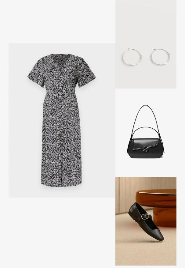 Vestido con estampado floral en blanco y negro, de manga corta, escote en V profundo, con botones en la parte delantera, hasta la rodilla, hecho de tela ligera, con un ajuste cómodo.; Zapato plano Mary Jane de cuero negro con hebilla plateada, exhibido sobre una alfombra beige cerca de la base de una mesa redonda marrón.; Bolso de hombro de cuero negro con una solapa curva asegurada por un broche metálico redondo y una correa delgada y ajustable.; Pendientes de aro de metal plateado con superficie lisa y ligeramente curvada y cierre de tipo mosquetón sobre un fondo blanco liso.