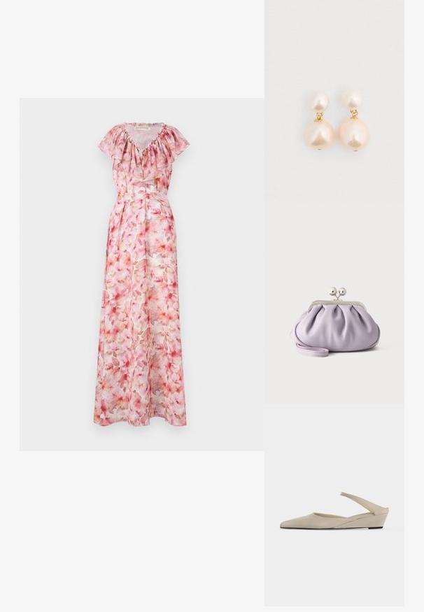Blomstret maxi kjole i nuancer af pink. Har en flæsekrave, korte ærmer og en tætsiddende talje. Lavet af let, gennemsigtigt materiale.; Beige lav kilehæl slingback sko med spids tå og glat mat finish, vist i sideprofil på hvid baggrund.; Blød lavendel clutch med opsamlet stof, sølv kiss-lock lås og matchende håndledsrem på en ensfarvet lys baggrund.; Perleøreringe med to teksturerede, off-white perler i graderede størrelser, forbundet med guldfarvet beslag. Glat, blank finish.