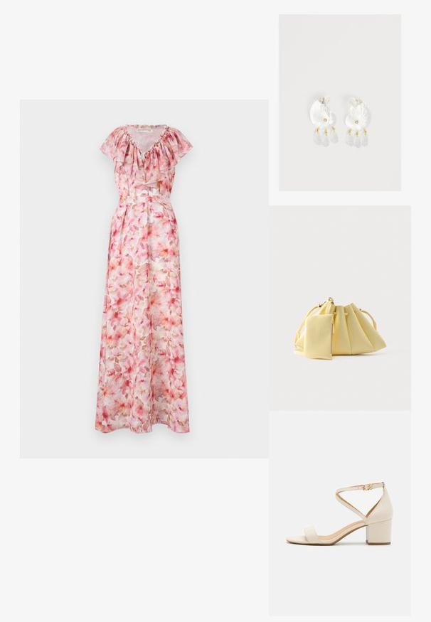 Blomstret maxi kjole i nuancer af pink. Har en flæsekrave, korte ærmer og en tætsiddende talje. Lavet af let, gennemsigtigt materiale.; Beige blokhælede sandaler med et minimalistisk design, åben tå og justerbar ankelrem med en guldbelsningsdetalje. Glat tekstur.; Blød gul håndtaske med snørelukning og en tilhørende lille lynlås-pung, sat mod en ensfarvet hvid baggrund.; Gennemsigtige øreringe i skalform af harpiks med små gyldne accenter og tre hængende gennemsigtige dråbeformede charms på hver ørering.
