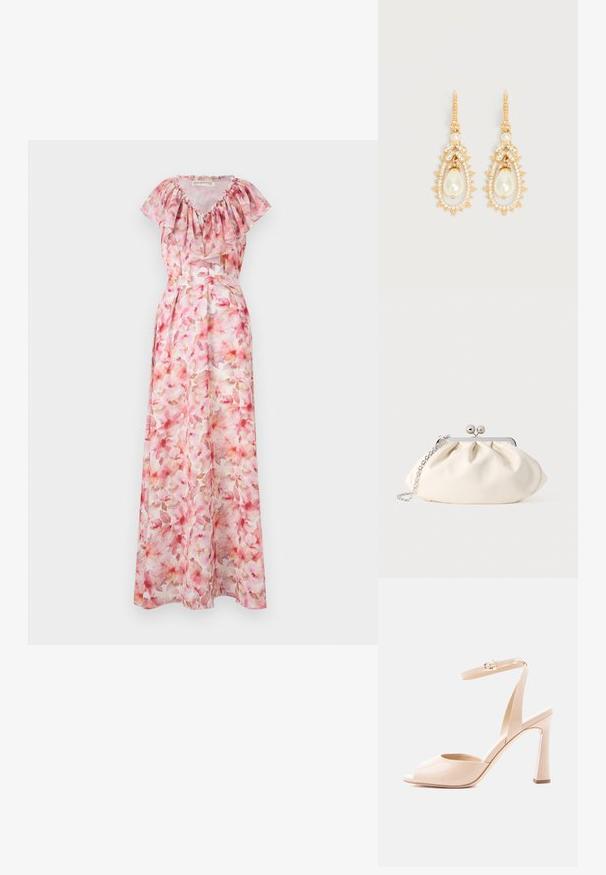 Blomstret maxi kjole i nuancer af pink. Har en flæsekrave, korte ærmer og en tætsiddende talje. Lavet af let, gennemsigtigt materiale.; Beige laklædersandal med høj hæl, åben tå, smalt ankelsnøre, guldlås og buet blokhæl på hvid baggrund.; Cremefarvet stofclutch med et rynket design, sølv metalramme, to dekorative kugler og en sølvkæde som rem.; Øreringe i forgyldt look med dråbeformede imiterede perler, omgivet af små klare krystaller og bladformede krystaldekorationer.