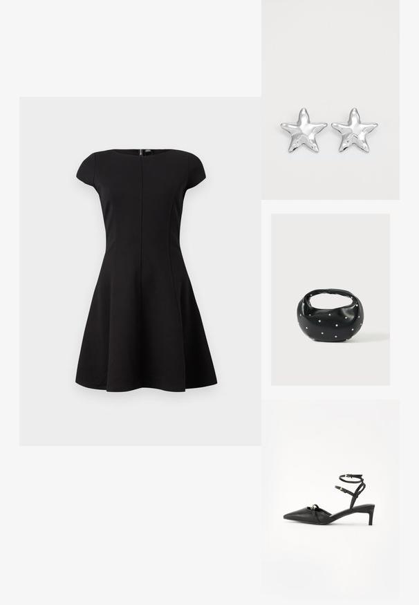 Schwarzes Kleid mit kurzen Ärmeln und tailliertem Oberteil sowie ausgestellt Rock. Glattes Material, knielanges Design und ein verdeckter Reißverschluss im Rücken.; Schwarze Leder-Slingback-Pumps mit spitzem Zehenbereich, dünnen Knöchelriemen, goldfarbenen Hardware-Akzenten und einem schmalen Absatz. Glatte Textur und minimalistisches Design.; Schwarze Lederhandtasche mit abgerundeter Form, verziert mit silbernen Nietenakzenten und kurzem Griff. Glatte Struktur und Reißverschlussverschluss.; Silberne sternförmige Ohrringe mit einer polierten, glänzenden Oberfläche. Jeder Ohrring hat fünf Spitzen und dezente Oberflächentexturdetails.