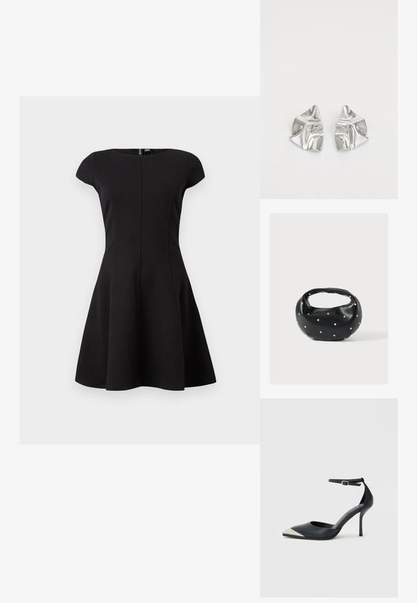 Vestido negro de manga corta con cuerpo ajustado y falda acampanada. Tela suave, diseño hasta la rodilla y cremallera trasera oculta.; Zapato de tacón alto negro con punta puntiaguda, puntera metálica plateada y correa al tobillo con cierre de hebilla sobre fondo blanco.; Bolso de mano de cuero negro con forma redondeada, decorado con detalles de tachuelas plateadas y un asa corta. Textura lisa y cierre con cremallera.; Pendientes de metal plateado con un diseño ondulado y escultórico, que presentan un acabado pulido y formas irregulares, destacando una estética contemporánea.