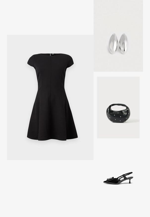 Schwarzes Kleid mit kurzen Ärmeln und tailliertem Oberteil sowie ausgestellt Rock. Glattes Material, knielanges Design und ein verdeckter Reißverschluss im Rücken.; Schwarze Lackleder-Slingbacks mit spitzer Zehenpartie, einer Schleifendetail an der Vorderseite und einem kleinen Stiletto-Absatz. Die Riemen haben verstellbare Schnallen.; Schwarze Lederhandtasche mit abgerundeter Form, verziert mit silbernen Nietenakzenten und kurzem Griff. Glatte Struktur und Reißverschlussverschluss.; Ein Paar glatte, glänzende silberne ovalförmige Objekte, die nebeneinander auf einem schlichten weißen Hintergrund platziert sind.
