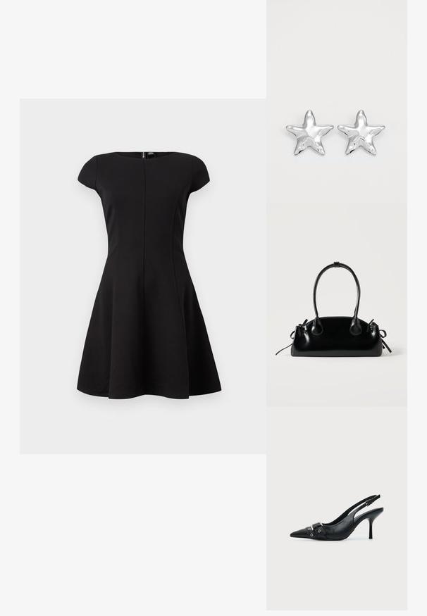 Vestido negro de manga corta con cuerpo ajustado y falda acampanada. Tela suave, diseño hasta la rodilla y cremallera trasera oculta.; Zapato de tacón alto tipo slingback de piel negra con puntera puntiaguda, con hebilla y detalle de tira con ojetes en la parte delantera.; Pequeño bolso negro brillante con dos asas largas y detalles de cordón lateral sobre un fondo claro liso.; Pendientes en forma de estrella plateada con una superficie pulida y brillante. Cada pendiente presenta cinco puntas y sutiles detalles de textura en la superficie.