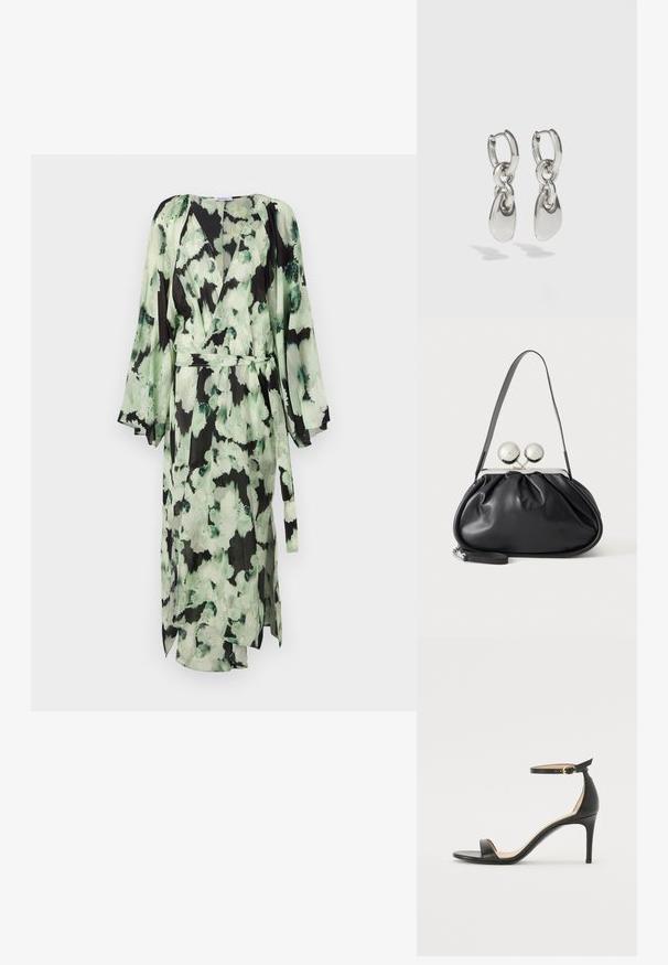 Robe longue verte et noire à motifs en tissu léger, dotée d'un décolleté en V, de manches larges et d'une ceinture à nouer à la taille pour un ajustement réglable.; Sandale à talons hauts en cuir noir avec une lanière de cheville. Présente une texture lisse, un bout ouvert et un talon fin. Détail de boucle en ton doré.; Sac à main en cuir noir avec un design plissé, une sangle unique, un cadre métallique argenté et deux grandes fermoirs ronds en argent.; Boucles d'oreilles en argent avec des maillons ovales allongés, présentant une finition polie et un pendentif tombant texturé. Design simple avec des bords lisses.