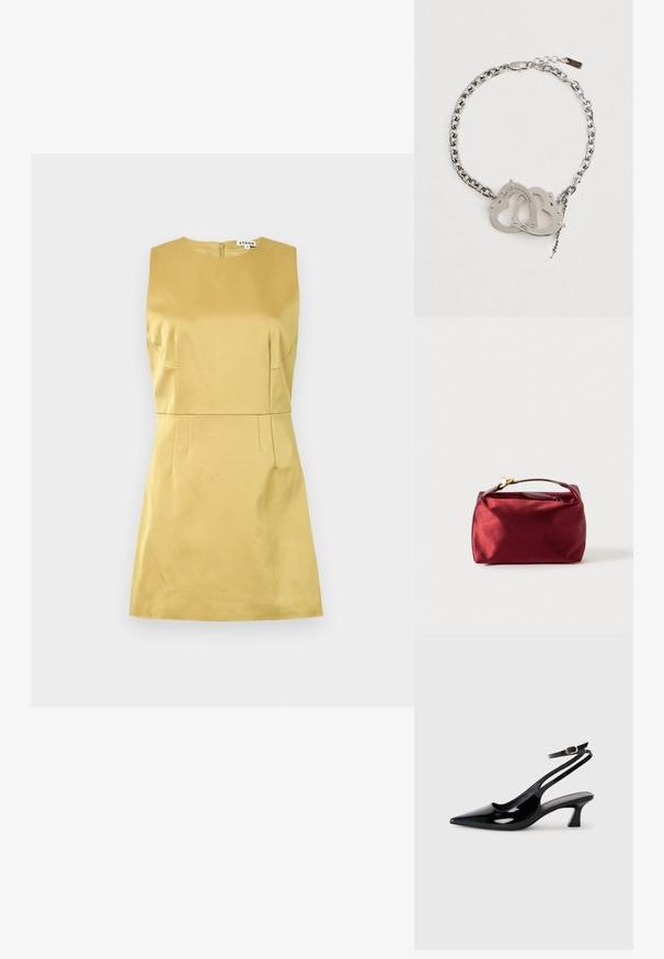 Robe jaune sans manches avec un col rond, un tissu structuré et des coutures décoratives à la taille et sur les côtés, dotée d'une fermeture éclair au dos.; Escarpins à brides arrière en cuir verni noir, à bout pointu, avec un petit talon carré et une sangle de cheville ajustable dotée d'une boucle dorée.; Trousse de maquillage en satin bourgogne de forme rectangulaire, avec fermeture éclair et une poignée courte. Présente un design minimaliste et une texture lisse.; Bracelet en chaîne argentée avec des menottes en forme de cœur portant l'inscription « LIÉ À TOI POUR TOUJOURS », finition en métal et fermoir ajustable.